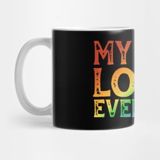 My God Loves Everyone (rainbow text, distressed font) Mug